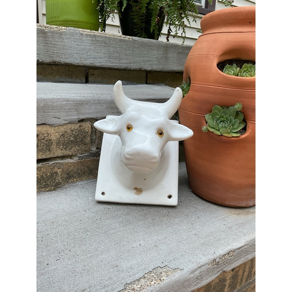 Ceramic Cow Holder Bull Head Towel Apron Hook Himark White Farmhouse Decor